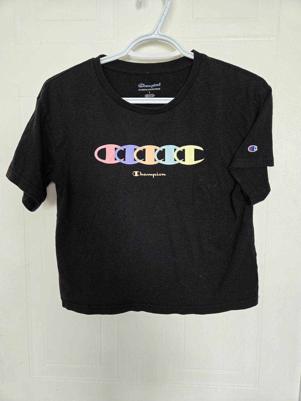 Champion Womens Black Tee with Pastel Rainbow Logos